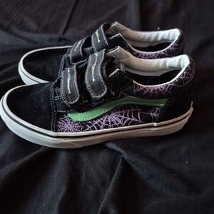 Vans Kids  Purple Spider Webs Black and Green Sneakers with Velcro Straps